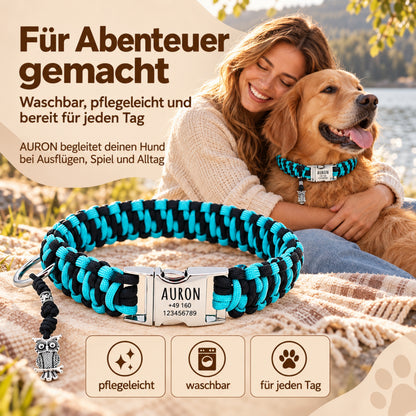 Hundhalsband i paracord "Auron" med gravering av namn och telefon på spännet, tre olika storlekar