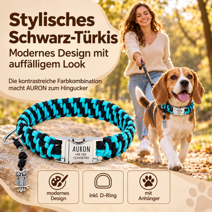 Hundhalsband i paracord "Auron" med gravering av namn och telefon på spännet, tre olika storlekar