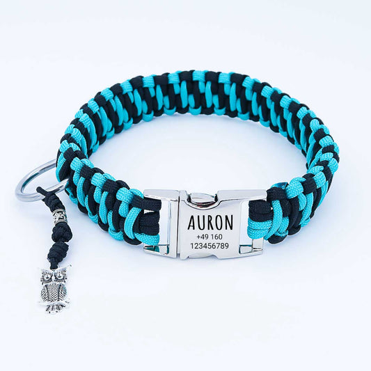 Hundhalsband i paracord "Auron" med gravering av namn och telefon på spännet, tre olika storlekar