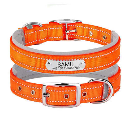Graverat hundhalsband "Samu" med reflekterande säkerhetssömmar. Personifiering med namn och telefonnummer