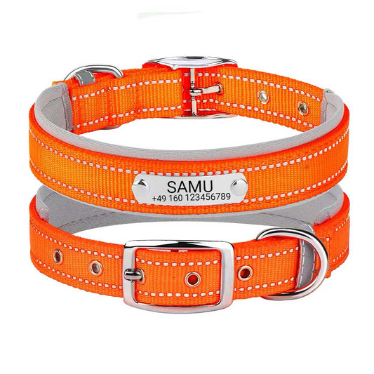 Graverat hundhalsband "Samu" med reflekterande säkerhetssömmar. Personifiering med namn och telefonnummer