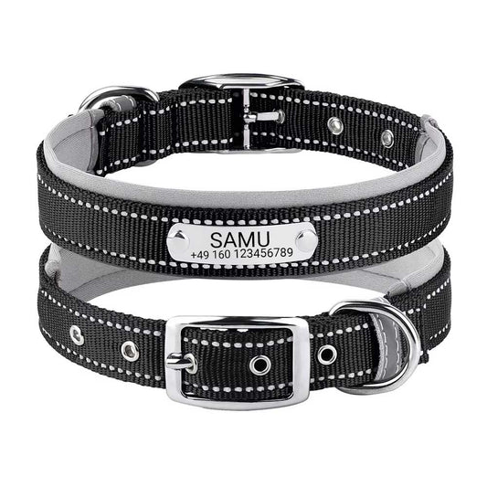 Graverat hundhalsband "Samu" med reflekterande säkerhetssömmar. Personifiering med namn och telefonnummer