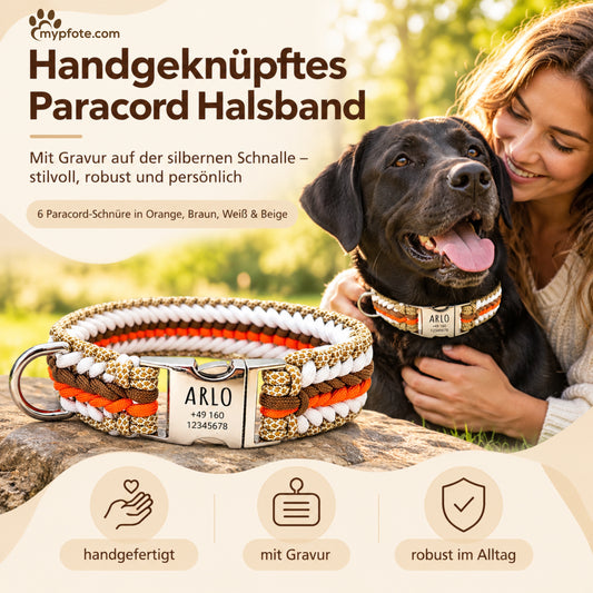 Arlo - Handgjort hundhalsband i paracord med gravyr | Orange-Brun-Vit-Beige