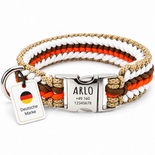 Arlo - Handgjort hundhalsband i paracord med gravyr | Orange-Brun-Vit-Beige
