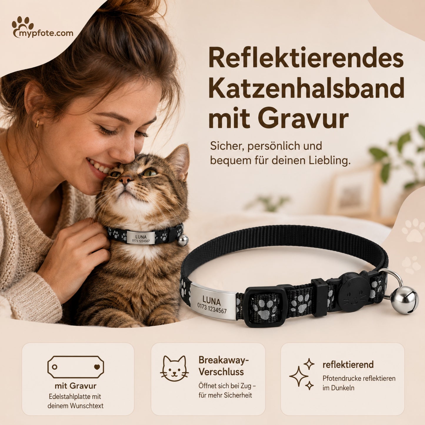Katthalsband graverat med namn och telefonnummer