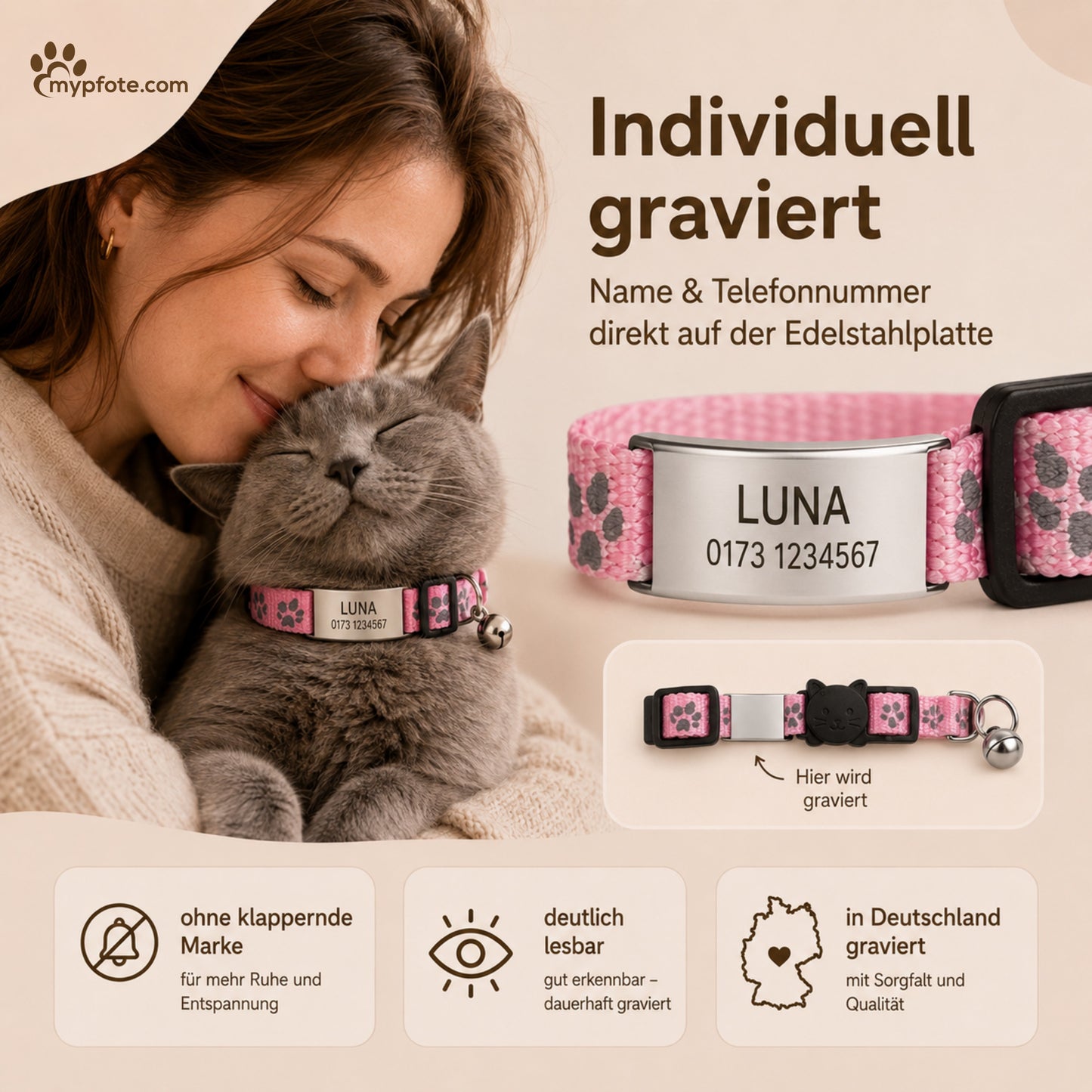 Katthalsband graverat med namn och telefonnummer