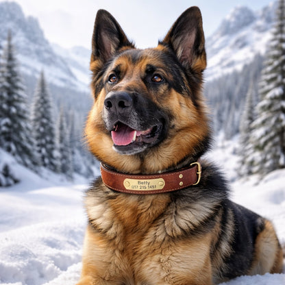 Läderhalsband med guldfärgad tagg, graverat namn och telefon