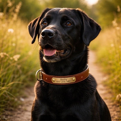 Läderhalsband med guldfärgad tagg, graverat namn och telefon