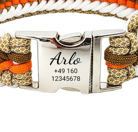 Arlo - Handgjort hundhalsband i paracord med gravyr | Orange-Brun-Vit-Beige