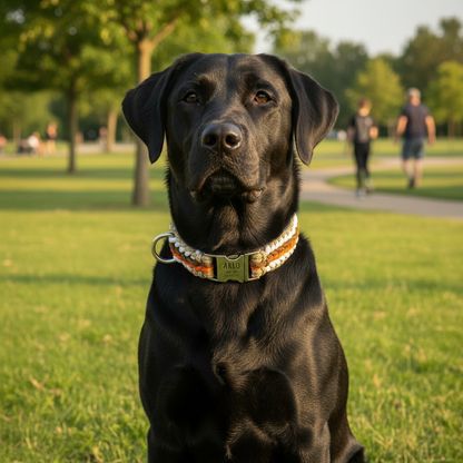 Arlo - Handgjort hundhalsband i paracord med gravyr | Orange-Brun-Vit-Beige