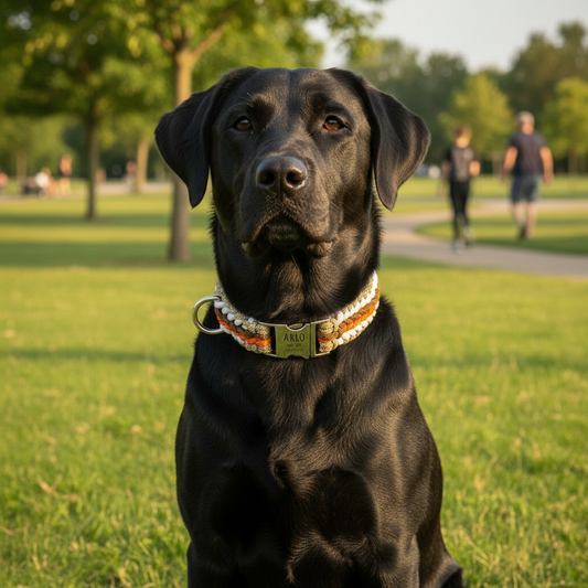Arlo - Handgjort hundhalsband i paracord med gravyr | Orange-Brun-Vit-Beige
