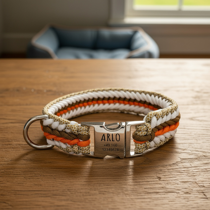 Arlo - Handgjort hundhalsband i paracord med gravyr | Orange-Brun-Vit-Beige
