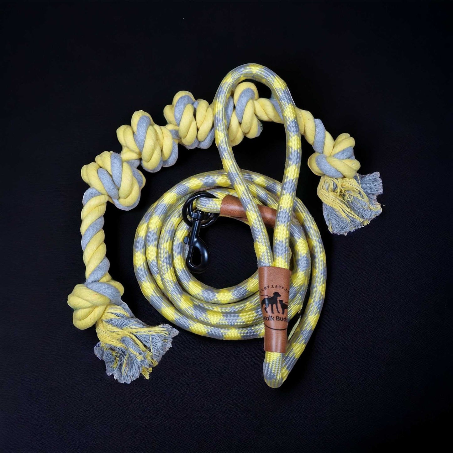 Hundeleine grau gelb mit gratis Tauseil und Kotbeutelspender