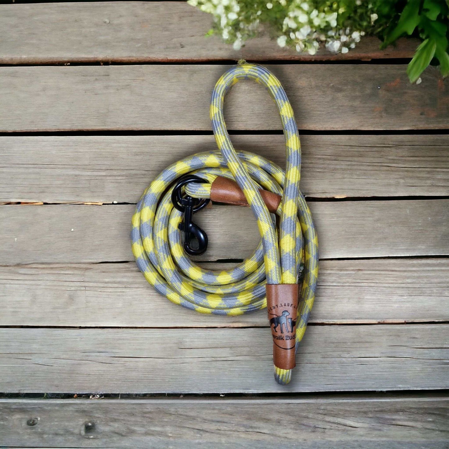 Hundeleine grau gelb mit gratis Tauseil und Kotbeutelspender